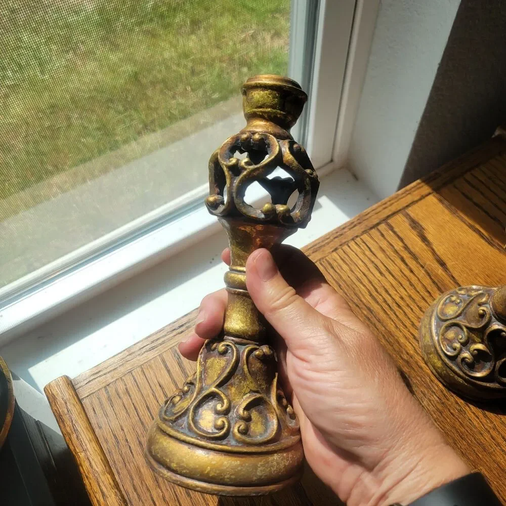 Ornate Candle Scroll Holder Gold Tone  Beige Resin 8 Inches Tall Par Lot Of 2 VG